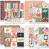 Hello Fall Paper & Sticker Kit, 12x12 paper designs cover to 6 preview, showing 12x12 scrapbook paper and coordinating stickers for scrapbook layouts, photo albums, memory keeping, cards, and paper crafts. Buyer theme: Fall & Autumn Scrapbook Paper & Sticker Kit. Hello Fall Paper & Sticker Kit with pumpkins, gourds, autumn leaves, bright florals, checkerboards, houndstooth and colorful fall phrases in orange, pink, aqua, teal, mustard, green, cream and black