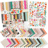 Hello Fall Paper & Sticker Kit, main product image, showing 12x12 scrapbook paper and coordinating stickers for scrapbook layouts, photo albums, memory keeping, cards, and paper crafts. Buyer theme: Fall & Autumn Scrapbook Paper & Sticker Kit. Hello Fall Paper & Sticker Kit with pumpkins, gourds, autumn leaves, bright florals, checkerboards, houndstooth and colorful fall phrases in orange, pink, aqua, teal, mustard, green, cream and black