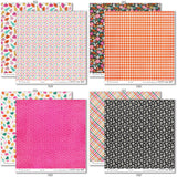 Hello Fall Paper & Sticker Kit, paper & sticker kit paper patterns 15 through 22 preview, showing 12x12 scrapbook paper and coordinating stickers for scrapbook layouts, photo albums, memory keeping, cards, and paper crafts. Buyer theme: Fall & Autumn Scrapbook Paper & Sticker Kit. Hello Fall Paper & Sticker Kit with pumpkins, gourds, autumn leaves, bright florals, checkerboards, houndstooth and colorful fall phrases in orange, pink, aqua, teal, mustard, green, cream and black