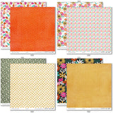 Hello Fall Paper & Sticker Kit, paper & sticker kit paper patterns 23 through 30 preview, showing 12x12 scrapbook paper and coordinating stickers for scrapbook layouts, photo albums, memory keeping, cards, and paper crafts. Buyer theme: Fall & Autumn Scrapbook Paper & Sticker Kit. Hello Fall Paper & Sticker Kit with pumpkins, gourds, autumn leaves, bright florals, checkerboards, houndstooth and colorful fall phrases in orange, pink, aqua, teal, mustard, green, cream and black