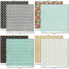 Hello Fall Paper & Sticker Kit, paper & sticker kit paper patterns 31 through 38 preview, showing 12x12 scrapbook paper and coordinating stickers for scrapbook layouts, photo albums, memory keeping, cards, and paper crafts. Buyer theme: Fall & Autumn Scrapbook Paper & Sticker Kit. Hello Fall Paper & Sticker Kit with pumpkins, gourds, autumn leaves, bright florals, checkerboards, houndstooth and colorful fall phrases in orange, pink, aqua, teal, mustard, green, cream and black