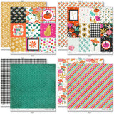 Hello Fall Paper & Sticker Kit, paper & sticker kit paper patterns 7 through 14 preview, showing 12x12 scrapbook paper and coordinating stickers for scrapbook layouts, photo albums, memory keeping, cards, and paper crafts. Buyer theme: Fall & Autumn Scrapbook Paper & Sticker Kit. Hello Fall Paper & Sticker Kit with pumpkins, gourds, autumn leaves, bright florals, checkerboards, houndstooth and colorful fall phrases in orange, pink, aqua, teal, mustard, green, cream and black
