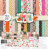 Hello Fall Paper & Sticker Kit, high resolution cover image, showing 12x12 scrapbook paper and coordinating stickers for scrapbook layouts, photo albums, memory keeping, cards, and paper crafts. Buyer theme: Fall & Autumn Scrapbook Paper & Sticker Kit. Hello Fall Paper & Sticker Kit with pumpkins, gourds, autumn leaves, bright florals, checkerboards, houndstooth and colorful fall phrases in orange, pink, aqua, teal, mustard, green, cream and black