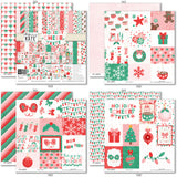 Holiday Cheer Paper & Sticker Kit, 12x12 paper designs cover to 6 preview, showing 12x12 scrapbook paper and coordinating stickers for scrapbook layouts, photo albums, memory keeping, cards, and paper crafts. Buyer theme: Christmas Scrapbook Paper & Sticker Kit for Memories. Holiday Cheer Paper & Sticker Kit with Santa, gingerbread, candy canes, stockings, ornaments, presents, wreaths, cocoa, snowflakes and festive Christmas patterns