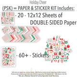 Holiday Cheer Paper & Sticker Kit, includes image, showing 12x12 scrapbook paper and coordinating stickers for scrapbook layouts, photo albums, memory keeping, cards, and paper crafts. Buyer theme: Christmas Scrapbook Paper & Sticker Kit for Memories. Holiday Cheer Paper & Sticker Kit with Santa, gingerbread, candy canes, stockings, ornaments, presents, wreaths, cocoa, snowflakes and festive Christmas patterns. Designed for Christmas morning pages, Festive baking memories, Card making