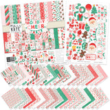 Holiday Cheer Paper & Sticker Kit, main product image, showing 12x12 scrapbook paper and coordinating stickers for scrapbook layouts, photo albums, memory keeping, cards, and paper crafts. Buyer theme: Christmas Scrapbook Paper & Sticker Kit for Memories. Holiday Cheer Paper & Sticker Kit with Santa, gingerbread, candy canes, stockings, ornaments, presents, wreaths, cocoa, snowflakes and festive Christmas patterns