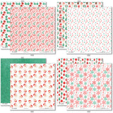 Holiday Cheer Paper & Sticker Kit, paper & sticker kit paper patterns 31 through 38 preview, showing 12x12 scrapbook paper and coordinating stickers for scrapbook layouts, photo albums, memory keeping, cards, and paper crafts. Buyer theme: Christmas Scrapbook Paper & Sticker Kit for Memories. Holiday Cheer Paper & Sticker Kit with Santa, gingerbread, candy canes, stockings, ornaments, presents, wreaths, cocoa, snowflakes and festive Christmas patterns