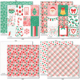 Holiday Cheer Paper & Sticker Kit, paper & sticker kit paper patterns 7 through 14 preview, showing 12x12 scrapbook paper and coordinating stickers for scrapbook layouts, photo albums, memory keeping, cards, and paper crafts. Buyer theme: Christmas Scrapbook Paper & Sticker Kit for Memories. Holiday Cheer Paper & Sticker Kit with Santa, gingerbread, candy canes, stockings, ornaments, presents, wreaths, cocoa, snowflakes and festive Christmas patterns