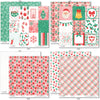 Holiday Cheer Paper & Sticker Kit, paper & sticker kit paper patterns 7 through 14 preview, showing 12x12 scrapbook paper and coordinating stickers for scrapbook layouts, photo albums, memory keeping, cards, and paper crafts. Buyer theme: Christmas Scrapbook Paper & Sticker Kit for Memories. Holiday Cheer Paper & Sticker Kit with Santa, gingerbread, candy canes, stockings, ornaments, presents, wreaths, cocoa, snowflakes and festive Christmas patterns