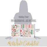 Holiday Cheer Paper & Sticker Kit, size guide image, showing 12x12 scrapbook paper and coordinating stickers for scrapbook layouts, photo albums, memory keeping, cards, and paper crafts. Buyer theme: Christmas Scrapbook Paper & Sticker Kit for Memories. Holiday Cheer Paper & Sticker Kit with Santa, gingerbread, candy canes, stockings, ornaments, presents, wreaths, cocoa, snowflakes and festive Christmas patterns. Designed for Festive baking memories, Card making, Mini albums