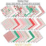 Holiday Cheer Paper & Sticker Kit, paper and sticker kit spread out image, showing 12x12 scrapbook paper and coordinating stickers for scrapbook layouts, photo albums, memory keeping, cards, and paper crafts. Buyer theme: Christmas Scrapbook Paper & Sticker Kit for Memories. Holiday Cheer Paper & Sticker Kit with Santa, gingerbread, candy canes, stockings, ornaments, presents, wreaths, cocoa, snowflakes and festive Christmas patterns. Designed for Card making, Mini albums, Junk journals