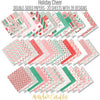 Holiday Cheer Paper & Sticker Kit, paper and sticker kit spread out image, showing 12x12 scrapbook paper and coordinating stickers for scrapbook layouts, photo albums, memory keeping, cards, and paper crafts. Buyer theme: Christmas Scrapbook Paper & Sticker Kit for Memories. Holiday Cheer Paper & Sticker Kit with Santa, gingerbread, candy canes, stockings, ornaments, presents, wreaths, cocoa, snowflakes and festive Christmas patterns. Designed for Card making, Mini albums, Junk journals
