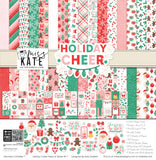 Holiday Cheer Paper & Sticker Kit, high resolution cover image, showing 12x12 scrapbook paper and coordinating stickers for scrapbook layouts, photo albums, memory keeping, cards, and paper crafts. Buyer theme: Christmas Scrapbook Paper & Sticker Kit for Memories. Holiday Cheer Paper & Sticker Kit with Santa, gingerbread, candy canes, stockings, ornaments, presents, wreaths, cocoa, snowflakes and festive Christmas patterns
