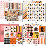 It's Spooky Season Bundle, 12x12 paper designs cover to 6 preview, showing complete coordinated paper craft set with 12x12 papers, 6x6 papers, cardstock, die cuts, and stickers for layouts, cards, albums, journals, and keepsakes. Buyer theme: Complete Halloween Scrapbook Craft Bundle. It's Spooky Season complete scrapbook bundle with 12x12 Double-Sided Paper, 6x6 Double-Sided Paper, Linen Printed Smooth Cardstock, Die Cuts and one Sticker Sheet