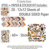 It's Spooky Season Paper & Sticker Kit, includes image, showing 12x12 scrapbook paper and coordinating stickers for scrapbook layouts, photo albums, memory keeping, cards, and paper crafts. Buyer theme: Halloween Scrapbook Paper & Sticker Kit 12x12. 12x12 It's Spooky Season Paper & Sticker Kit with 39 cute Halloween paper designs, 4x4 and 4x6 element sheets and a coordinating sticker sheet. Useful for documenting photographs, celebrations, milestones, everyday moments, and favorite memories