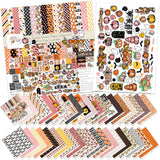 It's Spooky Season Paper & Sticker Kit, main product image, showing 12x12 scrapbook paper and coordinating stickers for scrapbook layouts, photo albums, memory keeping, cards, and paper crafts. Buyer theme: Halloween Scrapbook Paper & Sticker Kit 12x12. 12x12 It's Spooky Season Paper & Sticker Kit with 39 cute Halloween paper designs, 4x4 and 4x6 element sheets and a coordinating sticker sheet. Useful for documenting photographs, celebrations, milestones, everyday moments, and favorite memories