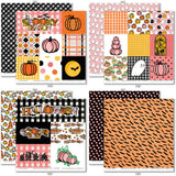 It's Spooky Season Bundle, bundle paper patterns 7 through 14 preview, showing complete coordinated paper craft set with 12x12 papers, 6x6 papers, cardstock, die cuts, and stickers for layouts, cards, albums, journals, and keepsakes. Buyer theme: Complete Halloween Scrapbook Craft Bundle. It's Spooky Season complete scrapbook bundle with 12x12 Double-Sided Paper, 6x6 Double-Sided Paper, Linen Printed Smooth Cardstock, Die Cuts and one Sticker Sheet