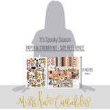 It's Spooky Season Paper & Sticker Kit, size guide image, showing 12x12 scrapbook paper and coordinating stickers for scrapbook layouts, photo albums, memory keeping, cards, and paper crafts. Buyer theme: Halloween Scrapbook Paper & Sticker Kit 12x12. 12x12 It's Spooky Season Paper & Sticker Kit with 39 cute Halloween paper designs, 4x4 and 4x6 element sheets and a coordinating sticker sheet. Useful for documenting photographs, celebrations, milestones, everyday moments, and favorite memories