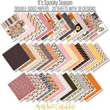 It's Spooky Season Bundle, paper and sticker kit spread out image, showing complete coordinated paper craft set with 12x12 papers, 6x6 papers, cardstock, die cuts, and stickers for layouts, cards, albums, journals, and keepsakes. Buyer theme: Complete Halloween Scrapbook Craft Bundle. It's Spooky Season complete scrapbook bundle with 12x12 Double-Sided Paper, 6x6 Double-Sided Paper, Linen Printed Smooth Cardstock, Die Cuts and one Sticker Sheet