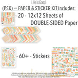 Life is Good Paper & Sticker Kit, includes image, showing 12x12 scrapbook paper and coordinating stickers for scrapbook layouts, photo albums, memory keeping, cards, and paper crafts. Buyer theme: Everyday Memories Scrapbook Paper & Sticker Kit. Life is Good Paper & Sticker Kit with cheerful florals, mushrooms, cherries, rainbows, clouds, suns, hearts, positive words and coordinated pastel patterns. Designed for Family story pages, Gratitude journals, Card making