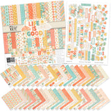 Life is Good Paper & Sticker Kit, main product image, showing 12x12 scrapbook paper and coordinating stickers for scrapbook layouts, photo albums, memory keeping, cards, and paper crafts. Buyer theme: Everyday Memories Scrapbook Paper & Sticker Kit. Life is Good Paper & Sticker Kit with cheerful florals, mushrooms, cherries, rainbows, clouds, suns, hearts, positive words and coordinated pastel patterns. Designed for Everyday memory scrapbook layouts, Friendship photo albums, Family story pages