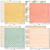 Life is Good Paper & Sticker Kit, paper & sticker kit paper patterns 31 through 38 preview, showing 12x12 scrapbook paper and coordinating stickers for scrapbook layouts, photo albums, memory keeping, cards, and paper crafts. Buyer theme: Everyday Memories Scrapbook Paper & Sticker Kit. Life is Good Paper & Sticker Kit with cheerful florals, mushrooms, cherries, rainbows, clouds, suns, hearts, positive words and coordinated pastel patterns