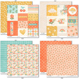 Life is Good Paper & Sticker Kit, paper & sticker kit paper patterns 7 through 14 preview, showing 12x12 scrapbook paper and coordinating stickers for scrapbook layouts, photo albums, memory keeping, cards, and paper crafts. Buyer theme: Everyday Memories Scrapbook Paper & Sticker Kit. Life is Good Paper & Sticker Kit with cheerful florals, mushrooms, cherries, rainbows, clouds, suns, hearts, positive words and coordinated pastel patterns