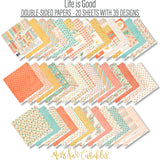 Life is Good Paper & Sticker Kit, paper and sticker kit spread out image, showing 12x12 scrapbook paper and coordinating stickers for scrapbook layouts, photo albums, memory keeping, cards, and paper crafts. Buyer theme: Everyday Memories Scrapbook Paper & Sticker Kit. Life is Good Paper & Sticker Kit with cheerful florals, mushrooms, cherries, rainbows, clouds, suns, hearts, positive words and coordinated pastel patterns. Designed for Card making, Mini albums, Junk journals