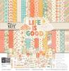 Life is Good Paper & Sticker Kit, high resolution cover image, showing 12x12 scrapbook paper and coordinating stickers for scrapbook layouts, photo albums, memory keeping, cards, and paper crafts. Buyer theme: Everyday Memories Scrapbook Paper & Sticker Kit. Life is Good Paper & Sticker Kit with cheerful florals, mushrooms, cherries, rainbows, clouds, suns, hearts, positive words and coordinated pastel patterns. Designed for Friendship photo albums, Family story pages, Gratitude journals