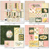 Love Lives Here Paper & Sticker Kit, 12x12 paper designs cover to 6 preview, showing 12x12 scrapbook paper and coordinating stickers for scrapbook layouts, photo albums, memory keeping, cards, and paper crafts. Buyer theme: Family & Home Scrapbook Paper & Sticker Kit. Love Lives Here Paper & Sticker Kit with warm florals, rosebuds, leafy sprigs, plaid, gingham, dots, stripes and family-and-home titles for meaningful memory pages