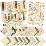 Love Lives Here Paper & Sticker Kit, main product image, showing 12x12 scrapbook paper and coordinating stickers for scrapbook layouts, photo albums, memory keeping, cards, and paper crafts. Buyer theme: Family & Home Scrapbook Paper & Sticker Kit. Love Lives Here Paper & Sticker Kit with warm florals, rosebuds, leafy sprigs, plaid, gingham, dots, stripes and family-and-home titles for meaningful memory pages. Designed for Family scrapbook layouts, Home memory albums, Relationship keepsakes