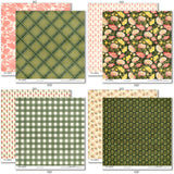 Love Lives Here Paper & Sticker Kit, paper & sticker kit paper patterns 23 through 30 preview, showing 12x12 scrapbook paper and coordinating stickers for scrapbook layouts, photo albums, memory keeping, cards, and paper crafts. Buyer theme: Family & Home Scrapbook Paper & Sticker Kit. Love Lives Here Paper & Sticker Kit with warm florals, rosebuds, leafy sprigs, plaid, gingham, dots, stripes and family-and-home titles for meaningful memory pages
