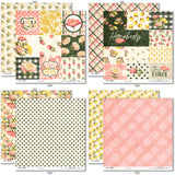Love Lives Here Paper & Sticker Kit, paper & sticker kit paper patterns 7 through 14 preview, showing 12x12 scrapbook paper and coordinating stickers for scrapbook layouts, photo albums, memory keeping, cards, and paper crafts. Buyer theme: Family & Home Scrapbook Paper & Sticker Kit. Love Lives Here Paper & Sticker Kit with warm florals, rosebuds, leafy sprigs, plaid, gingham, dots, stripes and family-and-home titles for meaningful memory pages