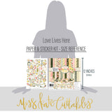 Love Lives Here Paper & Sticker Kit, size guide image, showing 12x12 scrapbook paper and coordinating stickers for scrapbook layouts, photo albums, memory keeping, cards, and paper crafts. Buyer theme: Family & Home Scrapbook Paper & Sticker Kit. Love Lives Here Paper & Sticker Kit with warm florals, rosebuds, leafy sprigs, plaid, gingham, dots, stripes and family-and-home titles for meaningful memory pages. Coordinating patterns include Botanical floral prints, Polka dots, Pinstripes