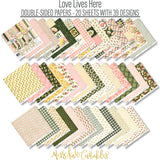 Love Lives Here Paper & Sticker Kit, paper and sticker kit spread out image, showing 12x12 scrapbook paper and coordinating stickers for scrapbook layouts, photo albums, memory keeping, cards, and paper crafts. Buyer theme: Family & Home Scrapbook Paper & Sticker Kit. Love Lives Here Paper & Sticker Kit with warm florals, rosebuds, leafy sprigs, plaid, gingham, dots, stripes and family-and-home titles for meaningful memory pages. Designed for Card making, Mini albums, Junk journals