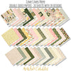 Love Lives Here Paper & Sticker Kit, paper and sticker kit spread out image, showing 12x12 scrapbook paper and coordinating stickers for scrapbook layouts, photo albums, memory keeping, cards, and paper crafts. Buyer theme: Family & Home Scrapbook Paper & Sticker Kit. Love Lives Here Paper & Sticker Kit with warm florals, rosebuds, leafy sprigs, plaid, gingham, dots, stripes and family-and-home titles for meaningful memory pages. Designed for Card making, Mini albums, Junk journals