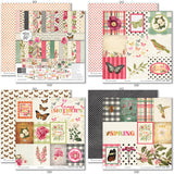 May Flowers Paper & Sticker Kit, 12x12 paper designs cover to 6 preview, showing 12x12 scrapbook paper and coordinating stickers for scrapbook layouts, photo albums, memory keeping, cards, and paper crafts. Buyer theme: Spring Garden Scrapbook Paper & Sticker Kit. 12x12 May Flowers Paper & Sticker Kit with spring floral patterned papers, garden element cards and coordinating botanical stickers. Color palette includes Rose pink, coral, blush, sage green, mint, yellow, orange, cream and charcoal