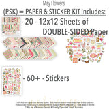 May Flowers Paper & Sticker Kit, includes image, showing 12x12 scrapbook paper and coordinating stickers for scrapbook layouts, photo albums, memory keeping, cards, and paper crafts. Buyer theme: Spring Garden Scrapbook Paper & Sticker Kit. 12x12 May Flowers Paper & Sticker Kit with spring floral patterned papers, garden element cards and coordinating botanical stickers. Color palette includes Rose pink, coral, blush, sage green, mint, yellow, orange, cream and charcoal