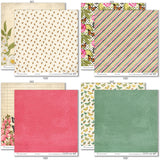 May Flowers Paper & Sticker Kit, paper & sticker kit paper patterns 23 through 30 preview, showing 12x12 scrapbook paper and coordinating stickers for scrapbook layouts, photo albums, memory keeping, cards, and paper crafts. Buyer theme: Spring Garden Scrapbook Paper & Sticker Kit. 12x12 May Flowers Paper & Sticker Kit with spring floral patterned papers, garden element cards and coordinating botanical stickers