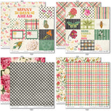 May Flowers Paper & Sticker Kit, paper & sticker kit paper patterns 7 through 14 preview, showing 12x12 scrapbook paper and coordinating stickers for scrapbook layouts, photo albums, memory keeping, cards, and paper crafts. Buyer theme: Spring Garden Scrapbook Paper & Sticker Kit. 12x12 May Flowers Paper & Sticker Kit with spring floral patterned papers, garden element cards and coordinating botanical stickers