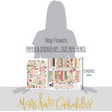 May Flowers Paper & Sticker Kit, size guide image, showing 12x12 scrapbook paper and coordinating stickers for scrapbook layouts, photo albums, memory keeping, cards, and paper crafts. Buyer theme: Spring Garden Scrapbook Paper & Sticker Kit. 12x12 May Flowers Paper & Sticker Kit with spring floral patterned papers, garden element cards and coordinating botanical stickers. Color palette includes Rose pink, coral, blush, sage green, mint, yellow, orange, cream and charcoal