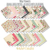 May Flowers Paper & Sticker Kit, paper and sticker kit spread out image, showing 12x12 scrapbook paper and coordinating stickers for scrapbook layouts, photo albums, memory keeping, cards, and paper crafts. Buyer theme: Spring Garden Scrapbook Paper & Sticker Kit. 12x12 May Flowers Paper & Sticker Kit with spring floral patterned papers, garden element cards and coordinating botanical stickers. Color palette includes Rose pink, coral, blush, sage green, mint, yellow, orange, cream and charcoal