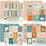 Pumpkin Season Paper & Sticker Kit, 12x12 paper designs cover to 6 preview, showing 12x12 scrapbook paper and coordinating stickers for scrapbook layouts, photo albums, memory keeping, cards, and paper crafts. Buyer theme: Fall Scrapbook Paper & Sticker Kit 12x12. 12x12 fall scrapbook paper and sticker kit with pumpkins, cozy icons, harvest colors, and coordinating autumn embellishments. Visible artwork includes berry sprigs, journaling cards, cozy sentiments, pumpkins