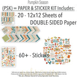Pumpkin Season Paper & Sticker Kit, includes image, showing 12x12 scrapbook paper and coordinating stickers for scrapbook layouts, photo albums, memory keeping, cards, and paper crafts. Buyer theme: Fall Scrapbook Paper & Sticker Kit 12x12. 12x12 fall scrapbook paper and sticker kit with pumpkins, cozy icons, harvest colors, and coordinating autumn embellishments. Visible artwork includes pie slices, sweaters, blankets, autumn leaves. Designed for mini albums, junk journals, memory keeping