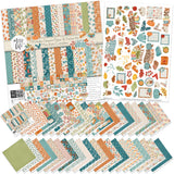 Pumpkin Season Paper & Sticker Kit, main product image, showing 12x12 scrapbook paper and coordinating stickers for scrapbook layouts, photo albums, memory keeping, cards, and paper crafts. Buyer theme: Fall Scrapbook Paper & Sticker Kit 12x12. 12x12 fall scrapbook paper and sticker kit with pumpkins, cozy icons, harvest colors, and coordinating autumn embellishments. Visible artwork includes pumpkins, hot drink mugs, pie slices, sweaters. Designed for scrapbook pages, card making, mini albums