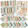 Pumpkin Season Paper & Sticker Kit, main product image, showing 12x12 scrapbook paper and coordinating stickers for scrapbook layouts, photo albums, memory keeping, cards, and paper crafts. Buyer theme: Fall Scrapbook Paper & Sticker Kit 12x12. 12x12 fall scrapbook paper and sticker kit with pumpkins, cozy icons, harvest colors, and coordinating autumn embellishments. Visible artwork includes pumpkins, hot drink mugs, pie slices, sweaters. Designed for scrapbook pages, card making, mini albums