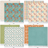 Pumpkin Season Paper & Sticker Kit, paper & sticker kit paper patterns 15 through 22 preview, showing 12x12 scrapbook paper and coordinating stickers for scrapbook layouts, photo albums, memory keeping, cards, and paper crafts. Buyer theme: Fall Scrapbook Paper & Sticker Kit 12x12. 12x12 fall scrapbook paper and sticker kit with pumpkins, cozy icons, harvest colors, and coordinating autumn embellishments. Visible artwork includes cozy sentiments, pumpkins, hot drink mugs, pie slices