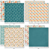 Pumpkin Season Paper & Sticker Kit, paper & sticker kit paper patterns 31 through 38 preview, showing 12x12 scrapbook paper and coordinating stickers for scrapbook layouts, photo albums, memory keeping, cards, and paper crafts. Buyer theme: Fall Scrapbook Paper & Sticker Kit 12x12. 12x12 fall scrapbook paper and sticker kit with pumpkins, cozy icons, harvest colors, and coordinating autumn embellishments. Visible artwork includes hot drink mugs, pie slices, sweaters, blankets
