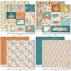 Pumpkin Season Paper & Sticker Kit, paper & sticker kit paper patterns 7 through 14 preview, showing 12x12 scrapbook paper and coordinating stickers for scrapbook layouts, photo albums, memory keeping, cards, and paper crafts. Buyer theme: Fall Scrapbook Paper & Sticker Kit 12x12. 12x12 fall scrapbook paper and sticker kit with pumpkins, cozy icons, harvest colors, and coordinating autumn embellishments. Visible artwork includes journaling cards, cozy sentiments, pumpkins, hot drink mugs