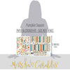 Pumpkin Season Paper & Sticker Kit, size guide image, showing 12x12 scrapbook paper and coordinating stickers for scrapbook layouts, photo albums, memory keeping, cards, and paper crafts. Buyer theme: Fall Scrapbook Paper & Sticker Kit 12x12. 12x12 fall scrapbook paper and sticker kit with pumpkins, cozy icons, harvest colors, and coordinating autumn embellishments. Visible artwork includes sweaters, blankets, autumn leaves, acorns. Color palette includes warm cream, sage green, harvest gold